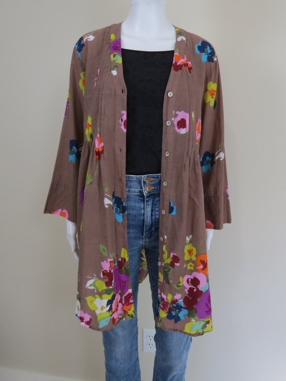 Soft Surroundings Cotton Tunic Blouse SIZE Large Brown Floral *FLAW